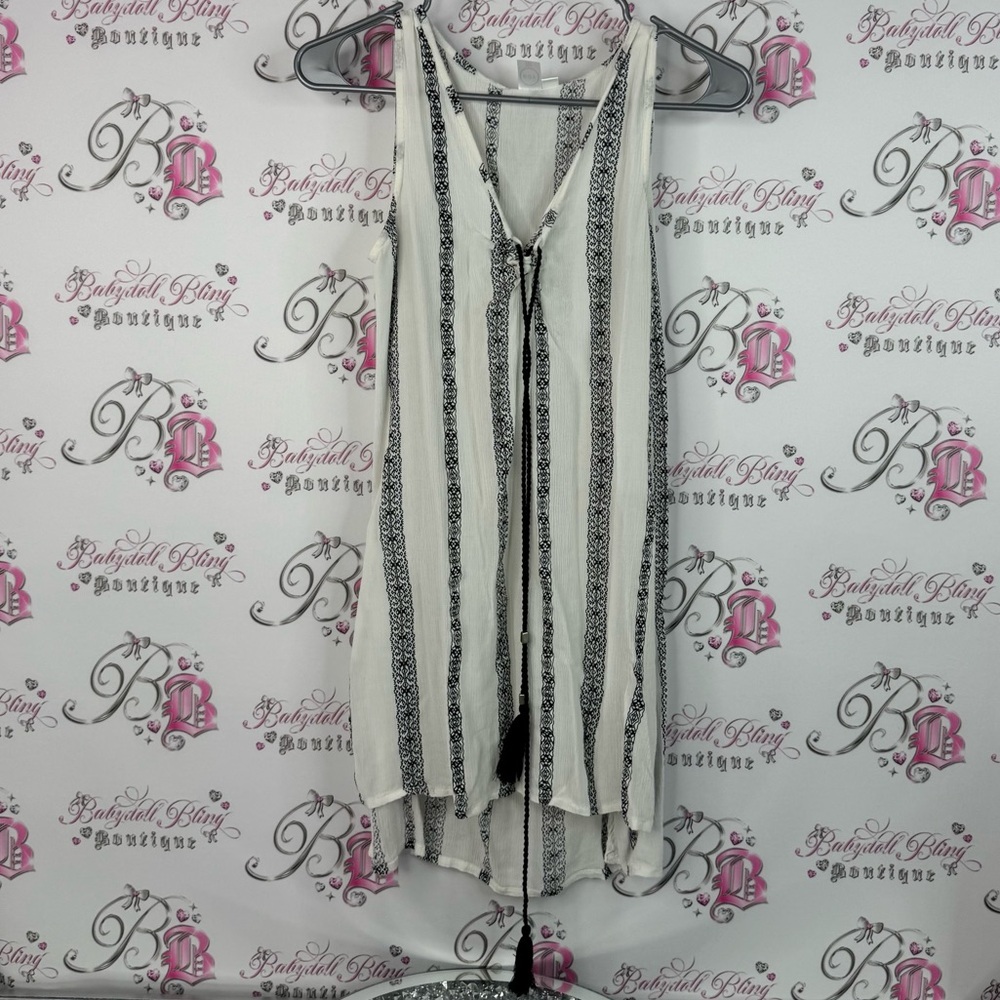 Koy resort tank top long style tassle ties Black White Striped Sleeveless Top